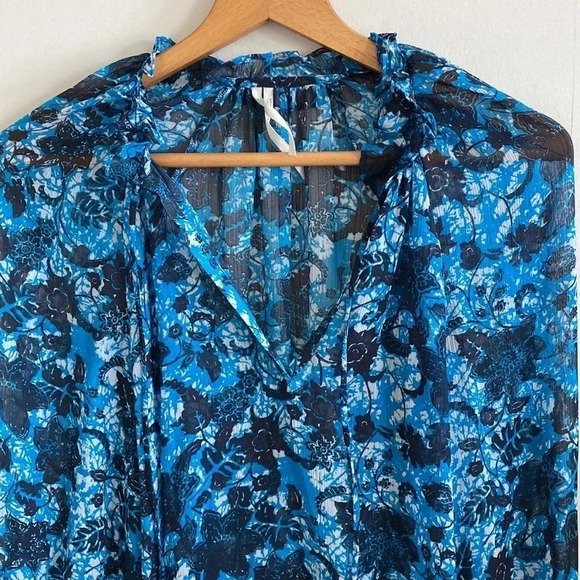By Anthropologie blue Sheer floral Printed Peasant Blouse size small - Picture 5 of 10